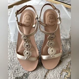 Jack Rogers Eve wedge leather gold ankle strap adjustable sandals size 7.